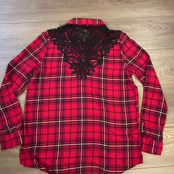 Express Red Plaid Button Down Shirt Lace Back Detail Women’s M - Picture 3 of 7